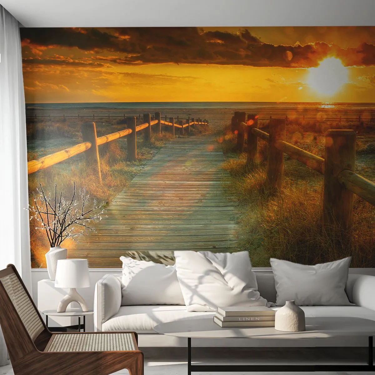 Fotobehang Premium Sand - Badend in oud goud - Landschap, Zee, Afdaling naar het strand - 100x70 cm
