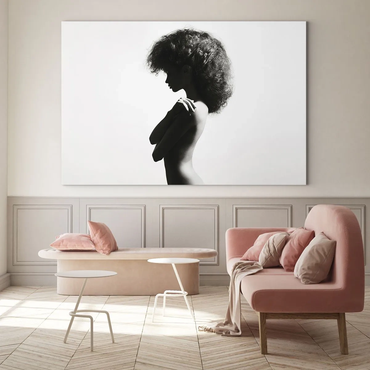 Schilderen op glas - Vrouwelijk naakt in contrasterend zwart-wit licht - 70x50cm - Als een bloem op een slanke stengel - Moderne wanddecoratie voor woonkamer en slaapkamer ARTTOR