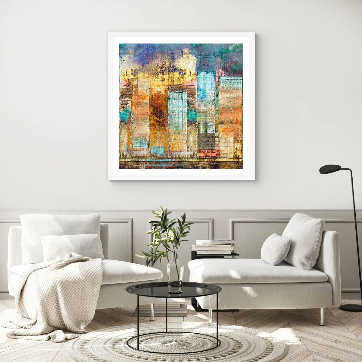 Poster in een witte lijst - Een zonnige metropool - 60x60 cm