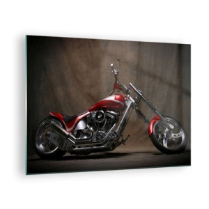 Schilderen op glas - Rode custom motorfiets op een donkere achtergrond - 70x50cm - Rode en zilveren schoonheid - Moderne wanddecoratie voor woonkamer en slaapkamer ARTTOR