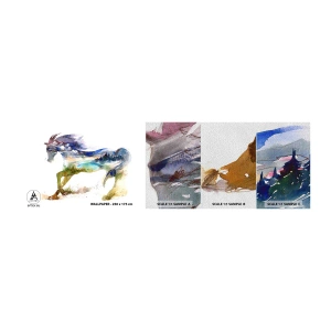 Fotobehang Monster Premium Sand - Van de weide recht naar de hemel - Paard, Abstractie, Landschap - 100x30 cm