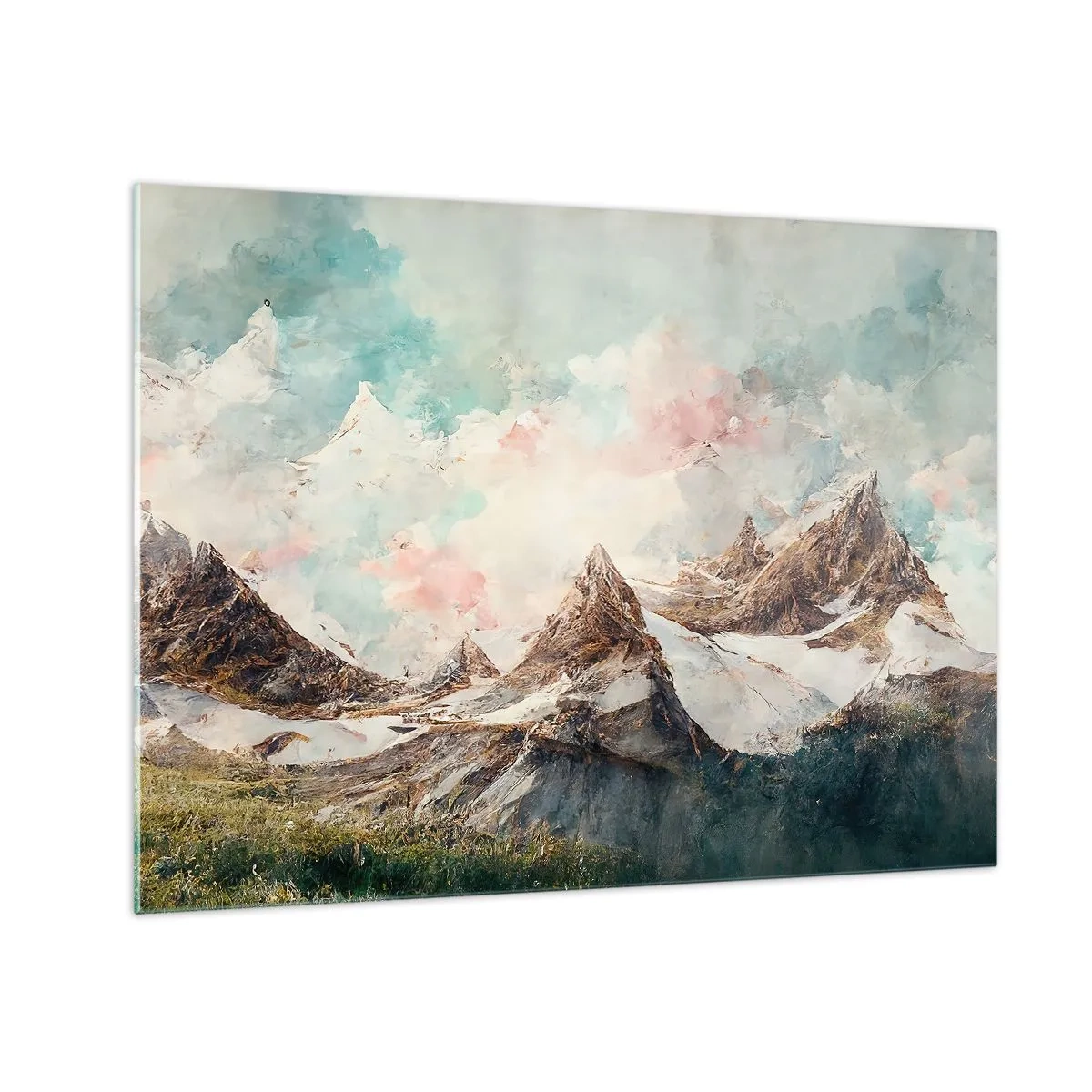 Schilderen op glas - Pittoreske bergtoppen met pastelkleurige luchten - 70x50cm - Rotsbladen - Moderne wanddecoratie voor woonkamer en slaapkamer ARTTOR