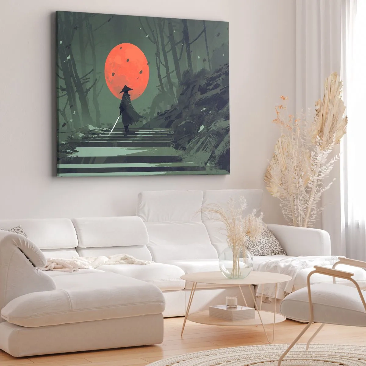 Schilderen op canvas - Een eenzame krijger met een zwaard tegen de achtergrond van een rode maan in een donker bos. - 70x50cm - Rode maan krijger - Moderne wanddecoratie voor woonkamer en slaapkamer ARTTOR