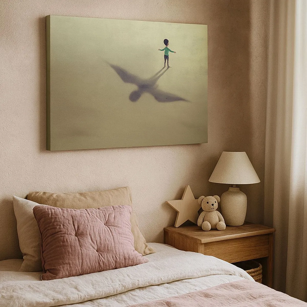 Schilderen op canvas - Een symbolische afbeelding van een kind met de schaduw van een vogel tegen een achtergrond in warme tinten. - 70x50cm - De held van de toekomst - Moderne wanddecoratie voor woonkamer en slaapkamer ARTTOR