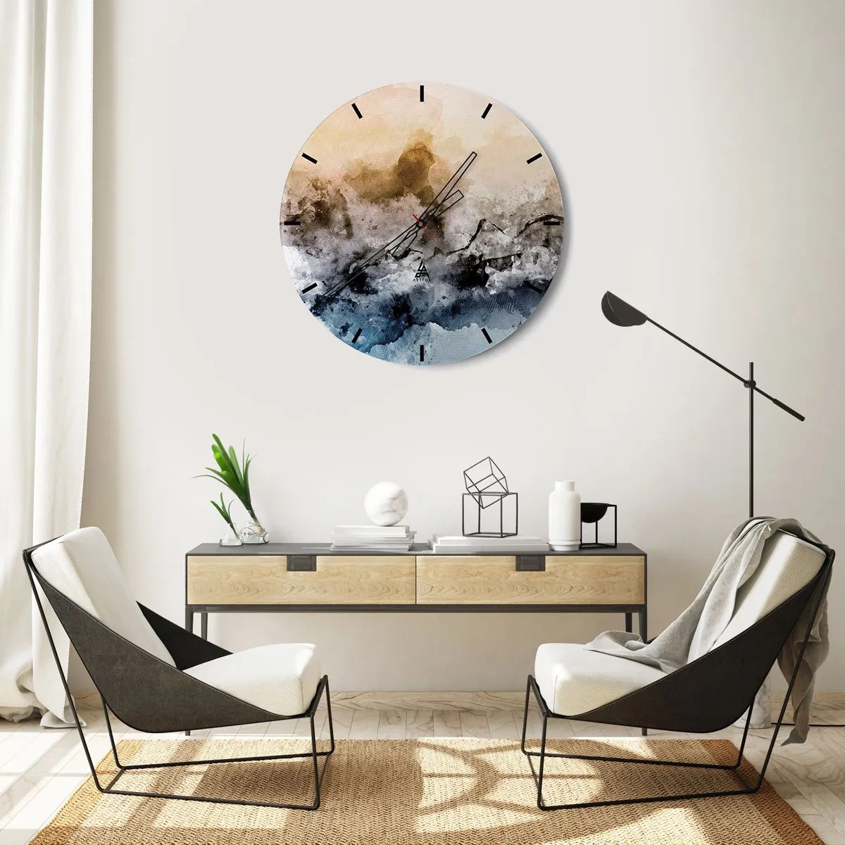 Wandklok - Klok - Een abstract landschap in tinten mist, bruin en blauw. - 30x30cm - Verdronken in een wolk van mist - Moderne wanddecoratie voor woonkamer, keuken en slaapkamer ARTTOR