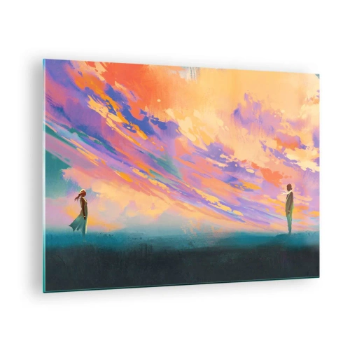 Schilderen op glas - Twee mensen tegen de achtergrond van een kleurrijke zonsondergang - 70x50cm - Aantrekkingskracht - Moderne wanddecoratie voor woonkamer en slaapkamer ARTTOR