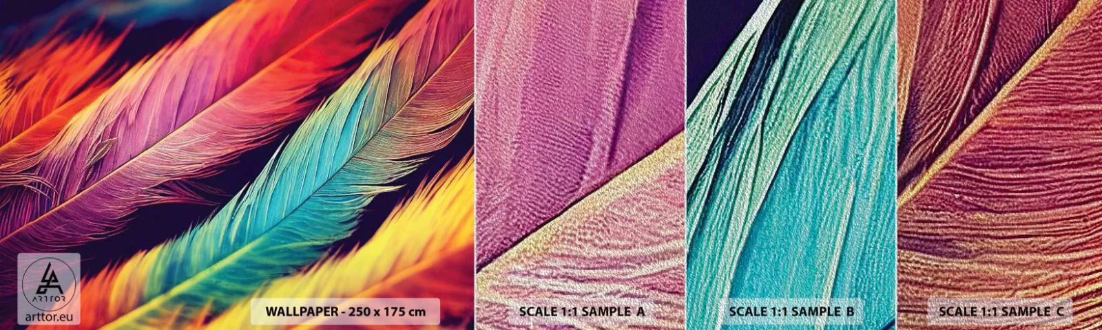 Fotobehang Monster Premium Sand - Gevederde regenboog - Veren, Licht, Kleurrijk - 100x30 cm