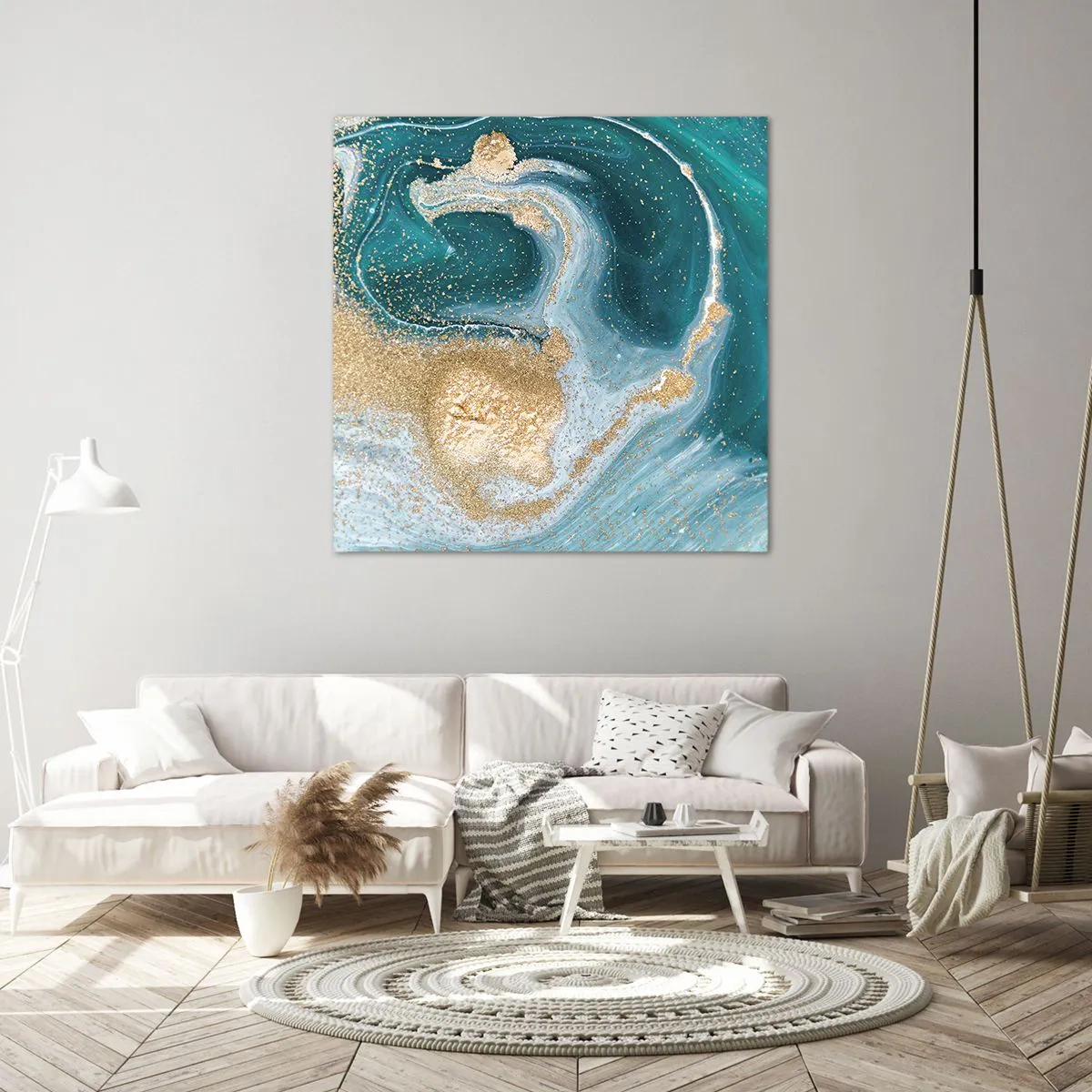 Schilderen op canvas - Een werveling van goud en turkoois - 50x50 cm