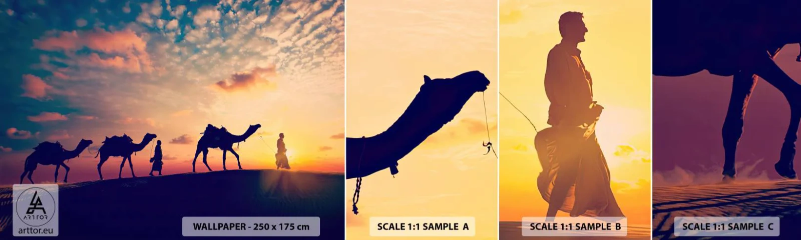 Fotobehang Monster Zelfklevend Deluxe Sticker - De mysterieuze geest van het Oosten - Landschap, Woestijn, Kameel - 100x30 cm