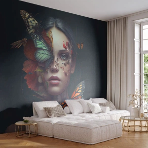 Zelfklevend Fotobehang Deluxe Sticker - Een prachtige metamorfose - Vlinders, Gezicht, Vrouw - 100x70 cm