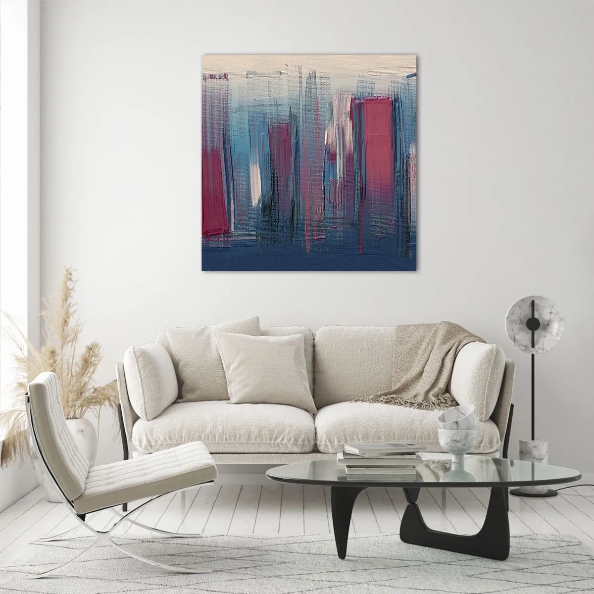 Schilderen op glas - Verticale compositie in blauw en rood - 30x30 cm