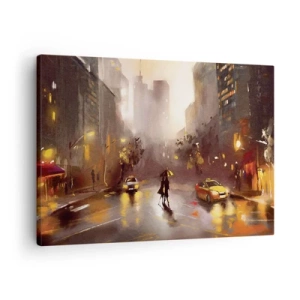 Schilderen op canvas - Een stedelijk tafereel bij nacht, met het licht van straatlantaarns en weerspiegelingen op een natte straat. - 70x50cm - In de lichten van New York - Moderne wanddecoratie voor woonkamer en slaapkamer ARTTOR