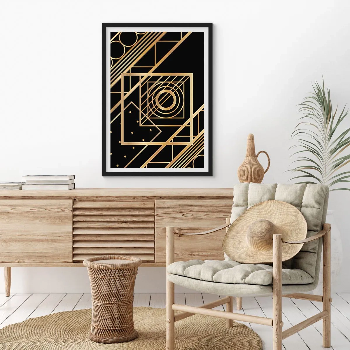 Poster in een zwarte lijst - Gouden geometrische patronen op een zwarte achtergrond in Art Deco-stijl - 50x70cm - Gouden geometrie - Moderne wanddecoratie voor woonkamer en slaapkamer ARTTOR