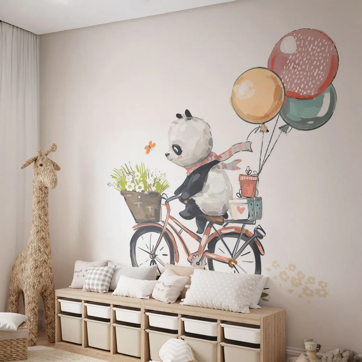 Fotobehang Standard Eco - Vrolijke dag - Voor kinderen, Panda op een fiets, Abstractie - 250x175 cm