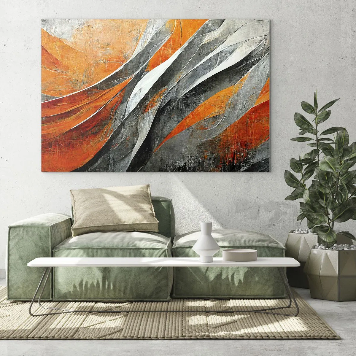 Schilderen op glas - Abstracte strepen in tinten oranje en grijs - 70x50cm - Hitte en koude - Moderne wanddecoratie voor woonkamer en slaapkamer ARTTOR