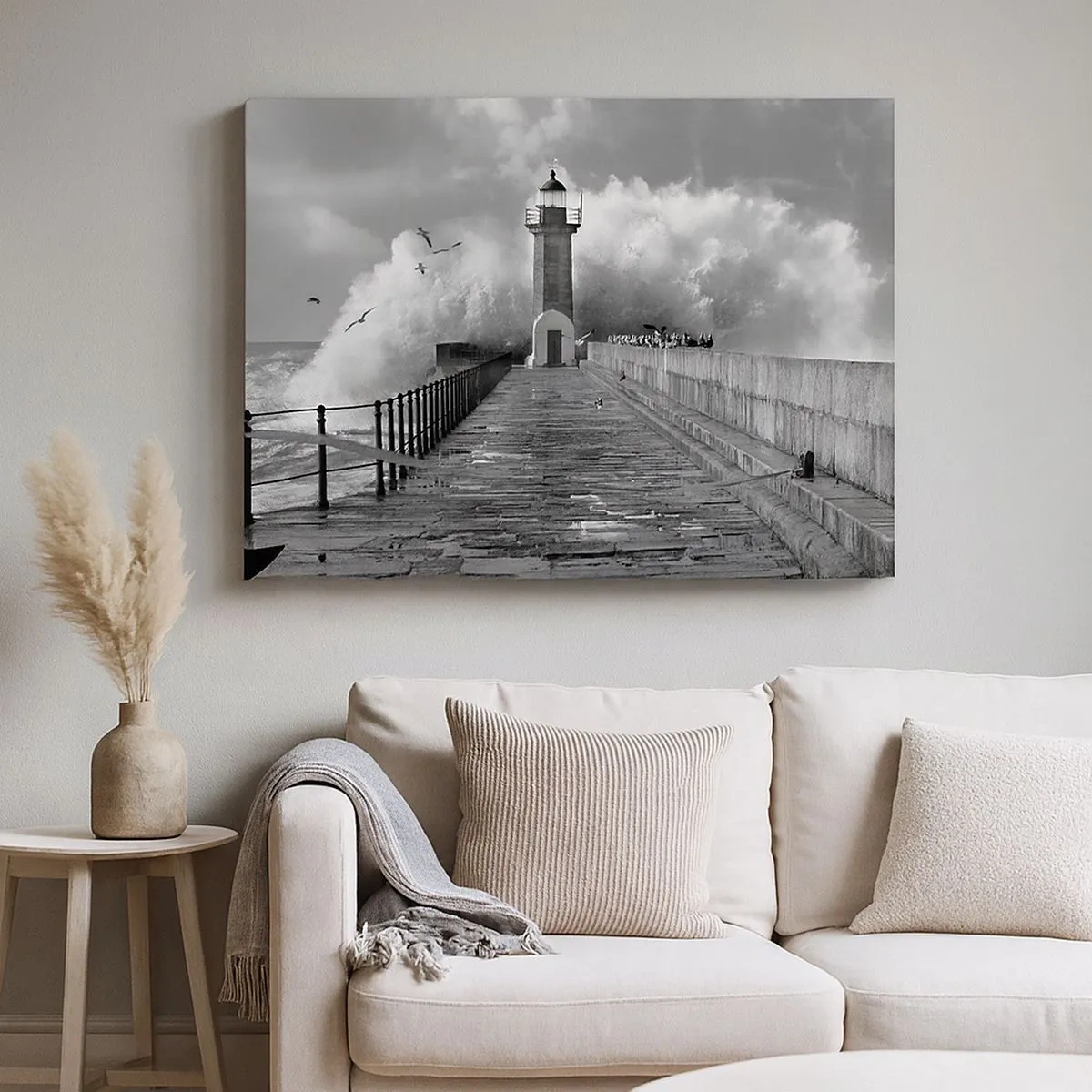 Schilderen op canvas - Een vuurtoren omgeven door golven tijdens een storm - 70x50cm - Onbevreesd - Moderne wanddecoratie voor woonkamer en slaapkamer ARTTOR