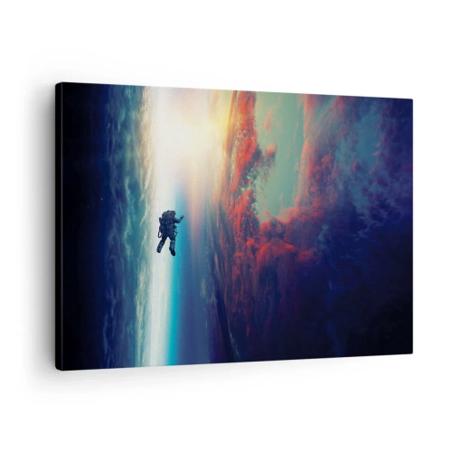Schilderen op canvas - Een astronaut die in de ruimte zweeft boven een kleurrijke aarde - 70x50cm - Ga het universum tegemoet - Moderne wanddecoratie voor woonkamer en slaapkamer ARTTOR