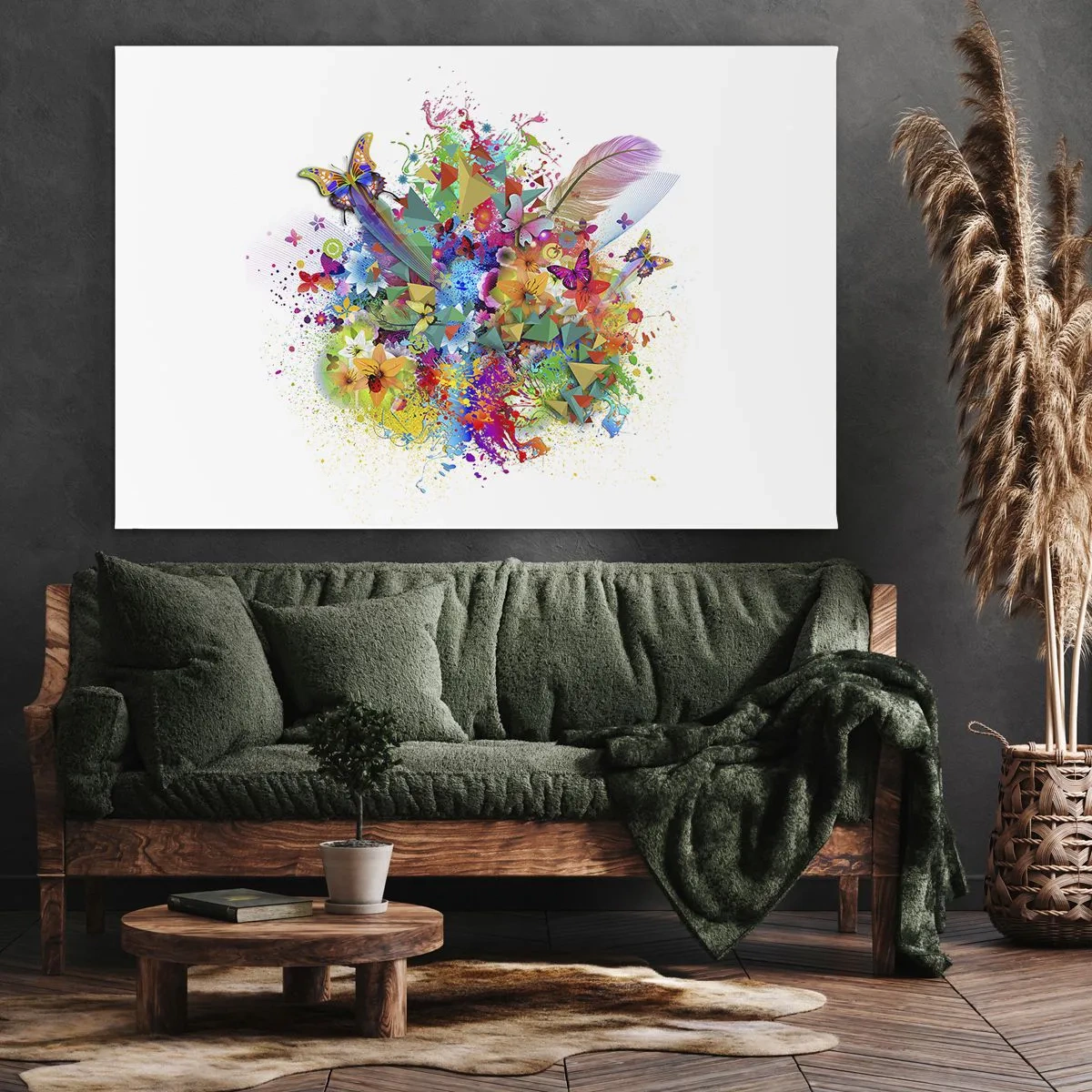 Schilderen op canvas - Kleurrijk motief met bloemen en vlinders - 70x50cm - Een boeket van vreugde - Moderne wanddecoratie voor woonkamer en slaapkamer ARTTOR