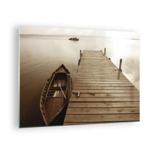 Schilderen op glas - Een boot aan een pier op een kalm meer in sepia - 70x50cm - Grote vrede - Moderne wanddecoratie voor woonkamer en slaapkamer ARTTOR