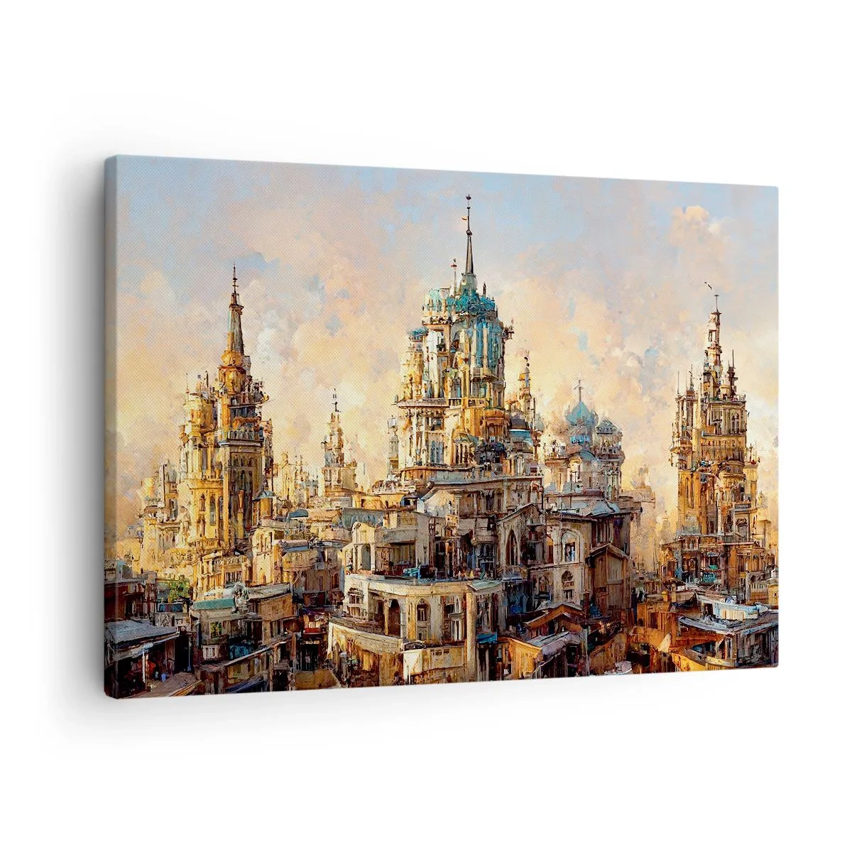 Schilderen op canvas - Architectonische torens in de stralen van de ondergaande zon - 70x50cm - Stad der steden - Moderne wanddecoratie voor woonkamer en slaapkamer ARTTOR