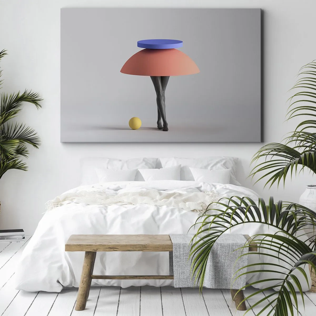 Schilderen op canvas - Abstracte geometrische compositie met benen en een bal - 70x50cm - Surrealistische compositie - Moderne wanddecoratie voor woonkamer en slaapkamer ARTTOR