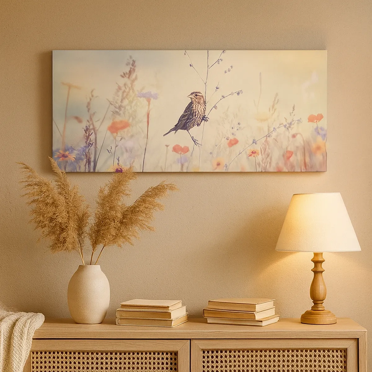 Schilderen op canvas - Vogelportret met een weiland op de achtergrond - 30x30 cm