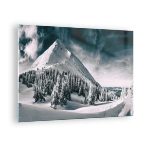 Schilderen op glas - Winterberglandschap met besneeuwde toppen en bos - 70x50cm - Het land van sneeuw en ijs - Moderne wanddecoratie voor woonkamer en slaapkamer ARTTOR