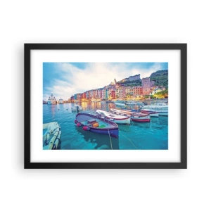 Poster in een zwarte lijst - Kleurrijke avond in de haven - 40x30 cm