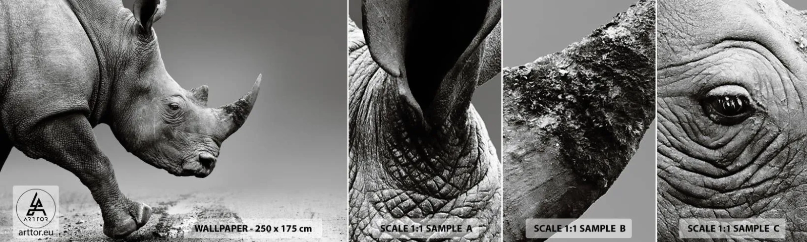 Fotobehang Monster Zelfklevend Deluxe Sticker - Onstuitbare kracht - Neushoorn, Dieren, Afrika - 100x30 cm