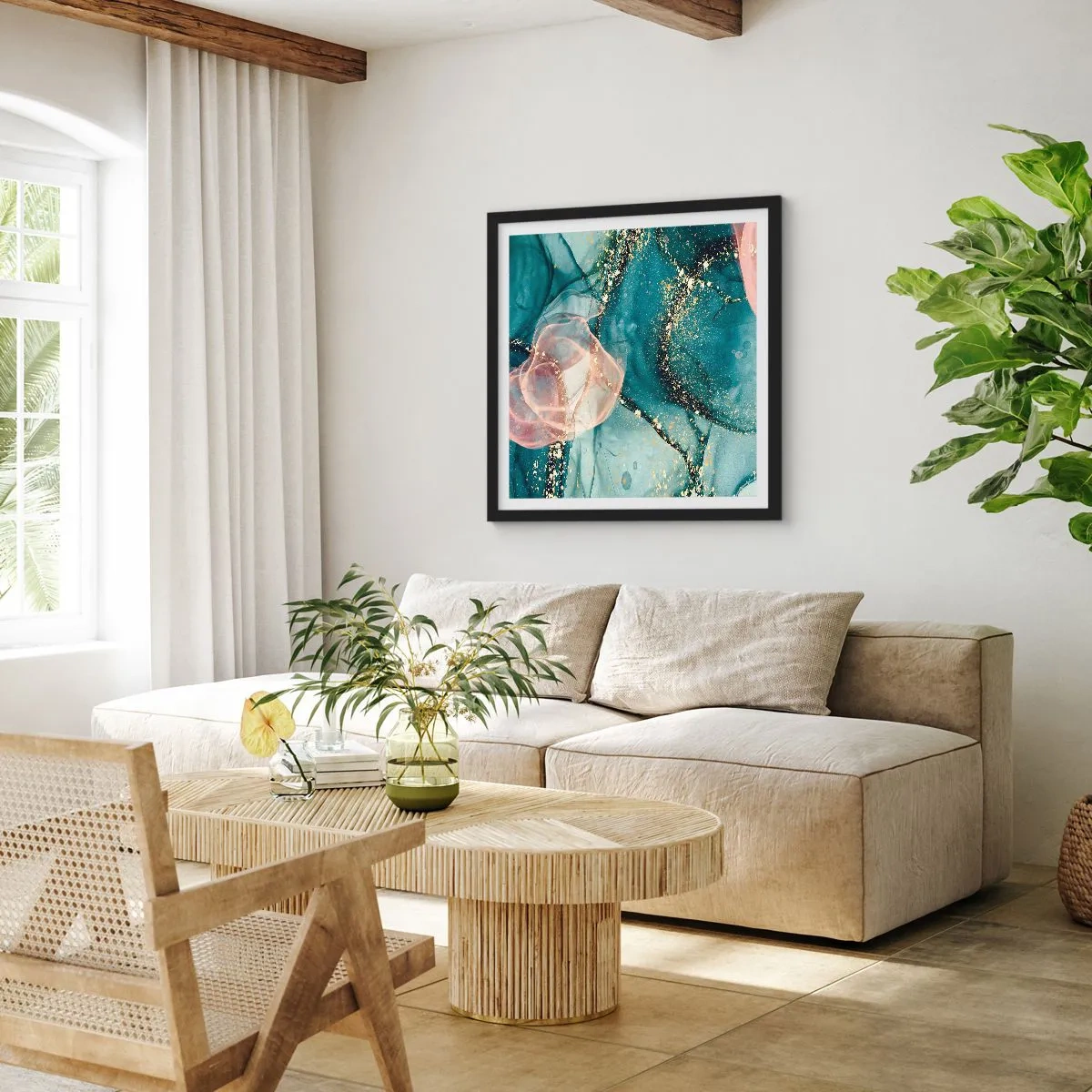 Poster in een zwarte lijst - Zijdeblauw, tule roze - 50x50 cm