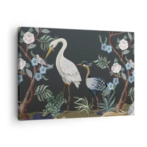 Schilderen op canvas - Geschilderde vogels en planten op een donkere achtergrond met een elegant patroon - 70x50cm - Vogelparade - Moderne wanddecoratie voor woonkamer en slaapkamer ARTTOR