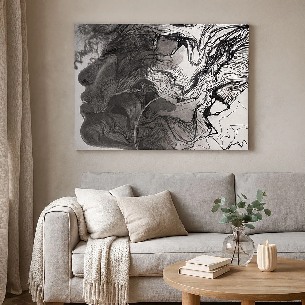 Schilderen op canvas - Abstract gezicht in zwart-wit met dynamische lijnen. - 70x50cm - Verstrikt in dromen - Moderne wanddecoratie voor woonkamer en slaapkamer ARTTOR