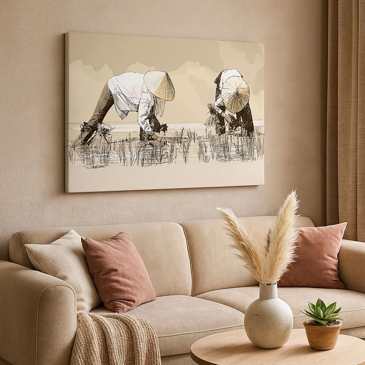 Schilderen op canvas - Boeren die op een rijstveld werken, dragen traditionele hoofddeksels - 70x50cm - Succesvolle oogst - Moderne wanddecoratie voor woonkamer en slaapkamer ARTTOR