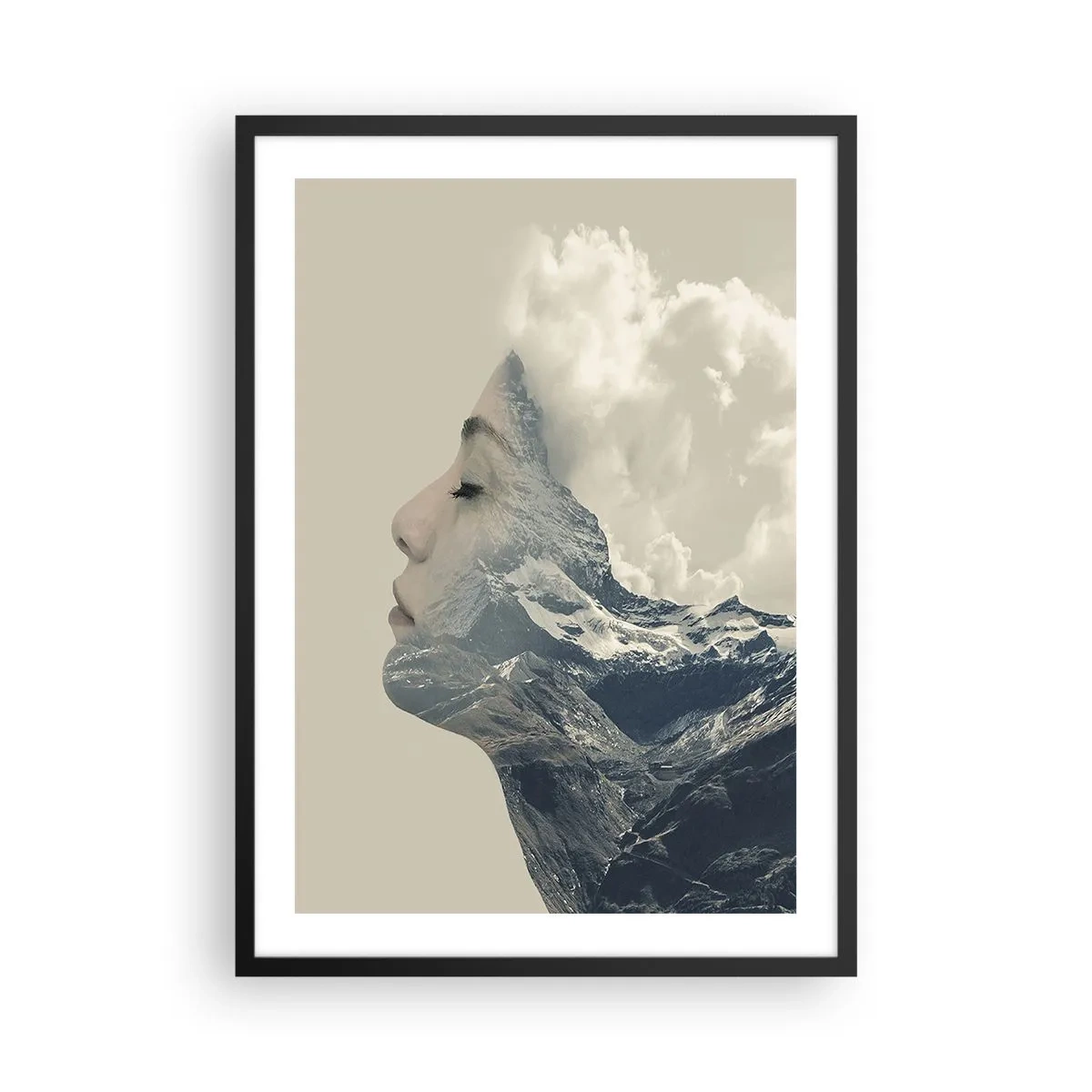 Poster in een zwarte lijst - Het profiel van een vrouw versmelt met een berglandschap - 50x70cm - De schoonheid van de elementen - Moderne wanddecoratie voor woonkamer en slaapkamer ARTTOR