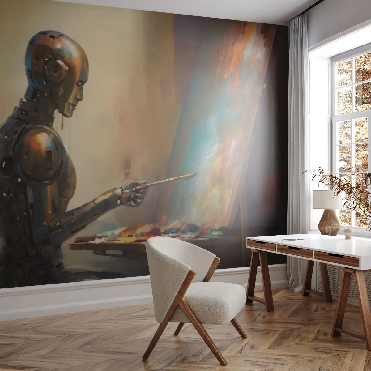 Fotobehang Standard Eco - De kunst van de toekomst - Schilderen, Robot, Borstel - 150x105 cm