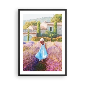 Poster in een zwarte lijst - Een vrouw in een blauwe jurk loopt door een lavendelveld. - 50x70cm - Lavendel meisje - Moderne wanddecoratie voor woonkamer en slaapkamer ARTTOR
