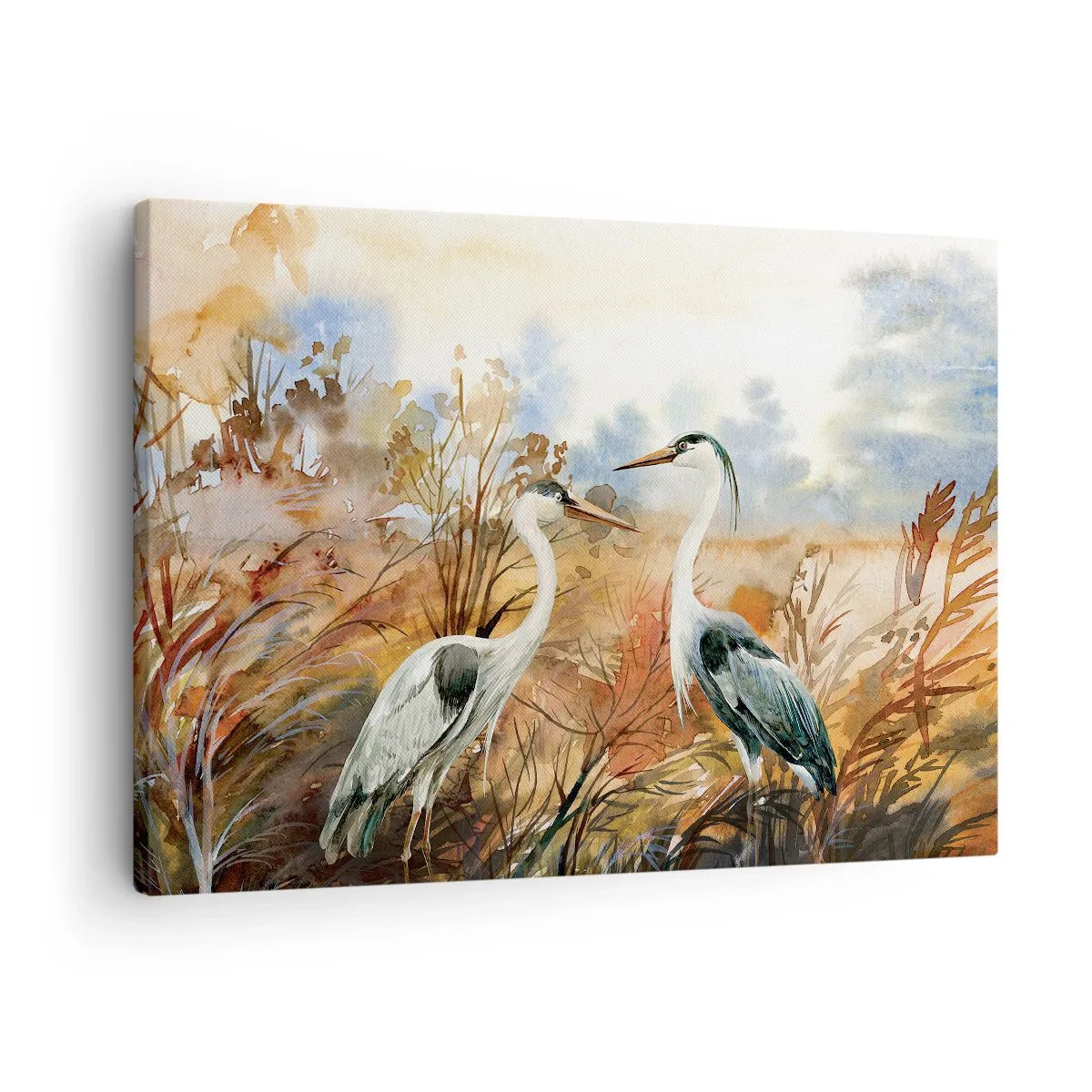 Schilderen op canvas - Twee reigers tegen de achtergrond van een herfstlandschap - 70x50cm - Waarheen in de herfst? - Moderne wanddecoratie voor woonkamer en slaapkamer ARTTOR