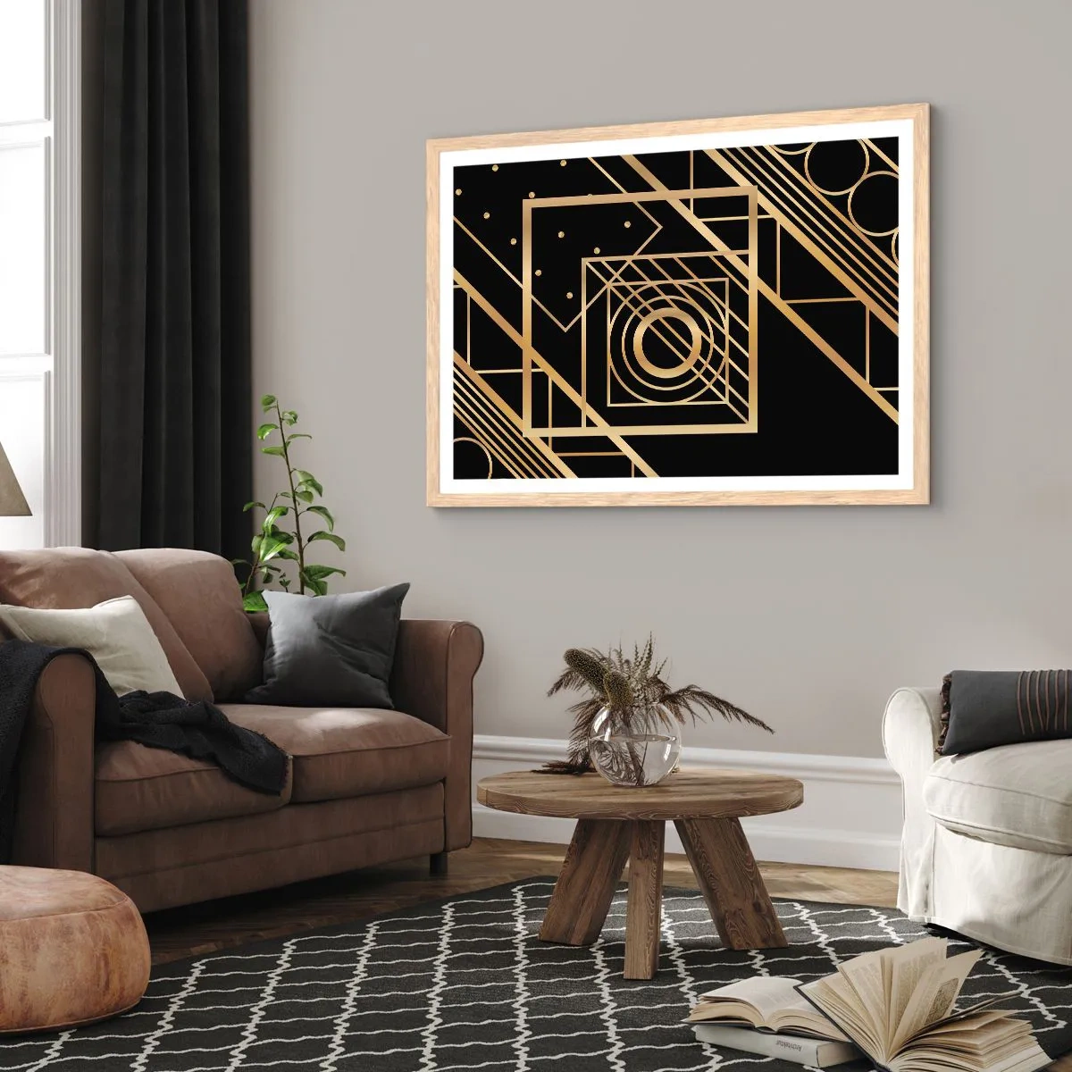 Een poster in een licht eiken lijst - Gouden geometrie - 70x50 cm