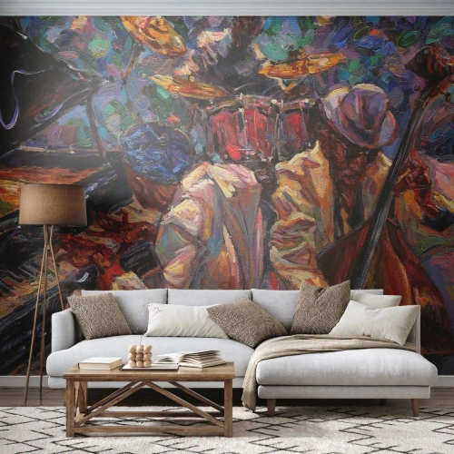Fotobehang Premium Canvas - In hetzelfde ritme - Muziek, Jazz, Dubbele bas - 500x350 cm