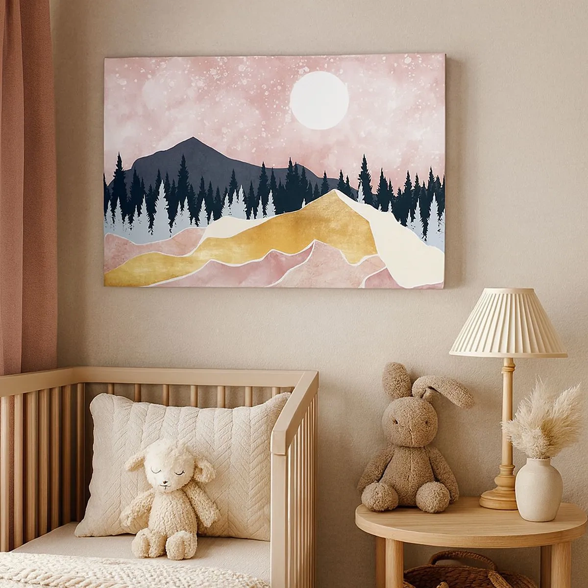Schilderen op canvas - Kleurrijke bergen tegen een roze lucht met een maan - 70x50cm - Nachtwacht - Moderne wanddecoratie voor woonkamer en slaapkamer ARTTOR