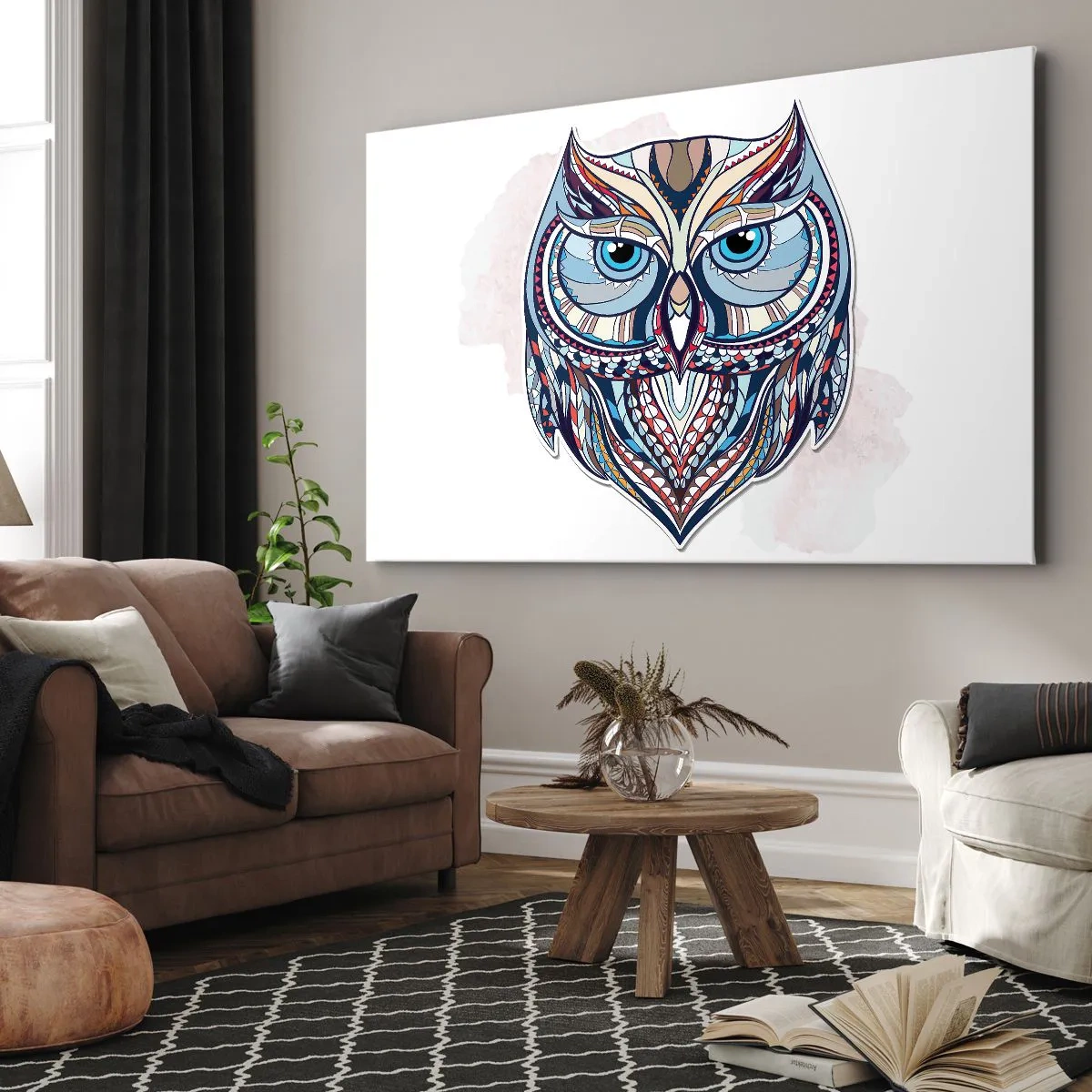 Schilderen op canvas - Geometrische uil in tinten blauw en beige - 70x50cm - Kunstzinnig sieruil - Moderne wanddecoratie voor woonkamer en slaapkamer ARTTOR