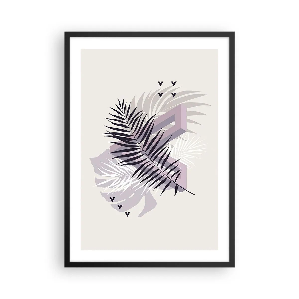 Poster in een zwarte lijst - Abstracte compositie met bladeren en geometrische vormen - 50x70cm - De schaduw van de schaduw - Moderne wanddecoratie voor woonkamer en slaapkamer ARTTOR