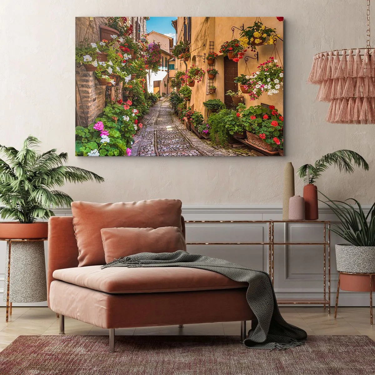 Schilderen op canvas - Een charmante straat vol bloemen en bloempotten - 70x50cm - Italiaans zijstraatje - Moderne wanddecoratie voor woonkamer en slaapkamer ARTTOR