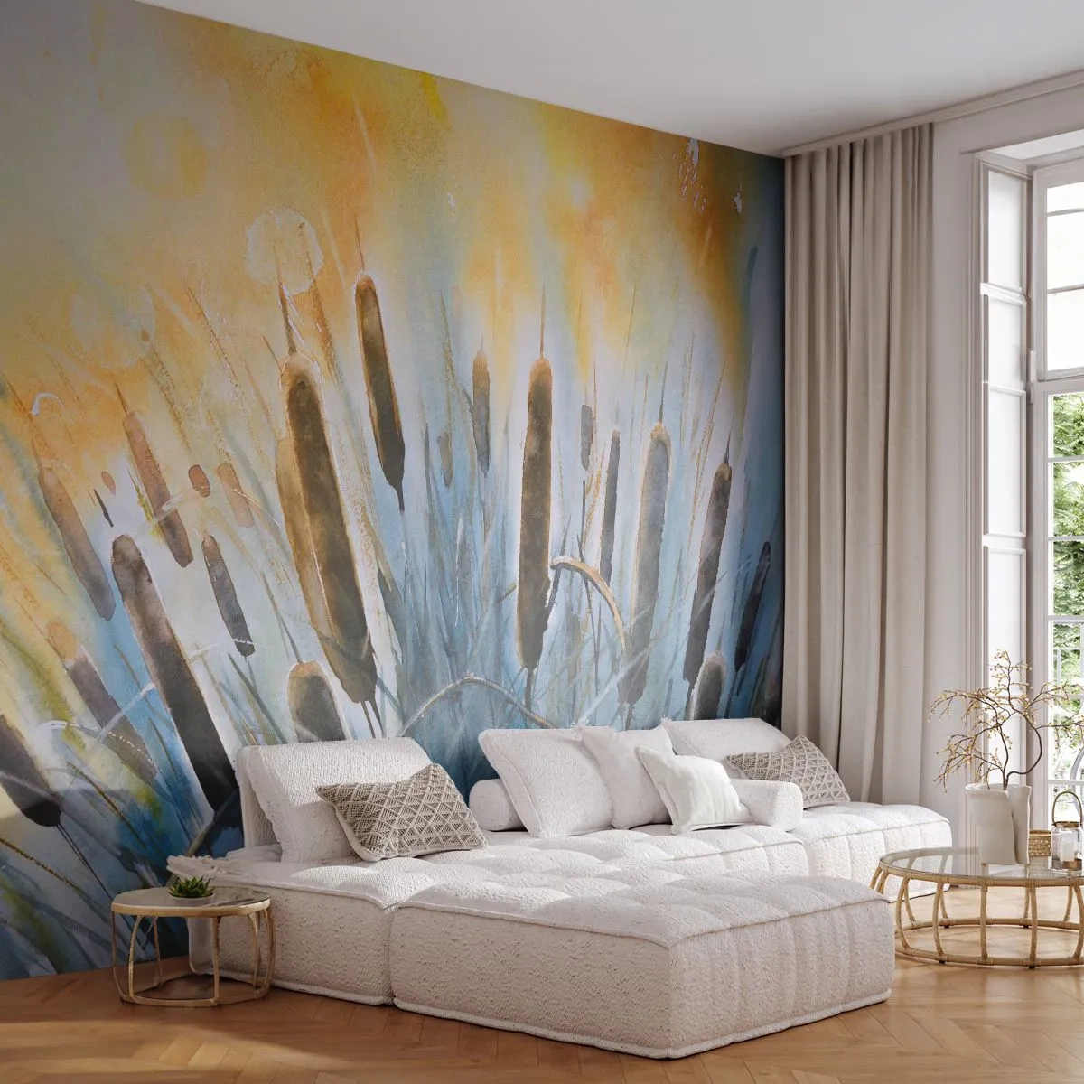 Fotobehang Premium Sand - De kou van het water, de hitte van de zon - Riet, Landschap, Bloemen - 100x70 cm