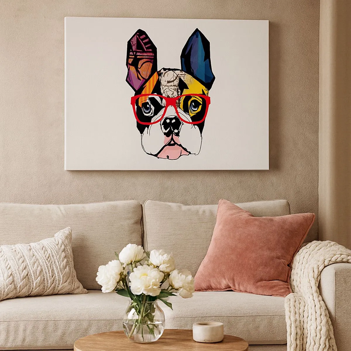 Schilderen op canvas - Bulldog in een kleurrijke illustratie met rode bril - 70x50cm - intellectueel - Moderne wanddecoratie voor woonkamer en slaapkamer ARTTOR