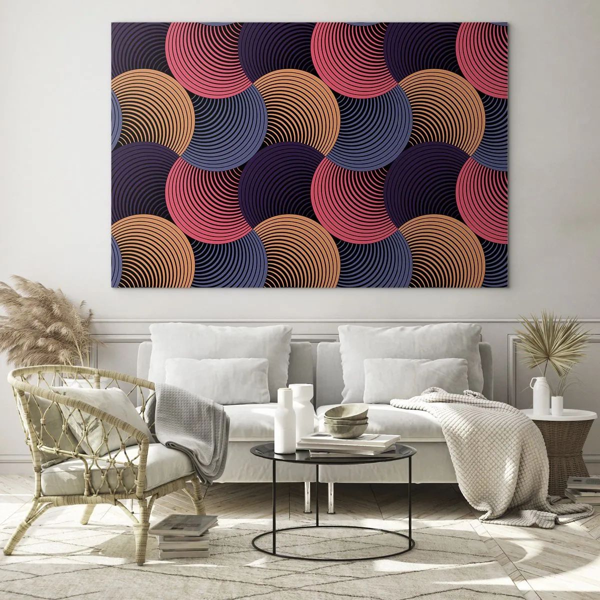 Schilderen op glas - Kleurrijke concentrische cirkels die een geometrisch patroon vormen - 70x50cm - In een cirkelvormig ritme - Moderne wanddecoratie voor woonkamer en slaapkamer ARTTOR