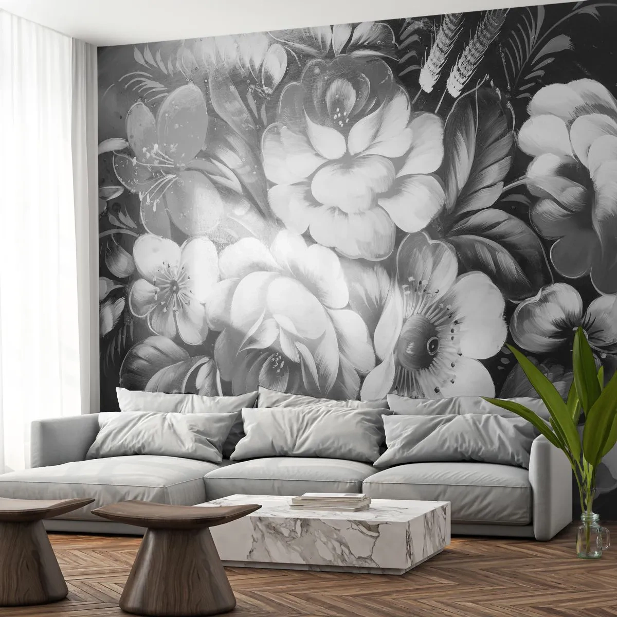 Zelfklevend Fotobehang Deluxe Sticker - Zelfs in grijs mooi - Abstractie, Bloemen, Deel - 250x175 cm