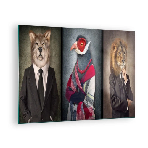 Schilderen op glas - Drie dieren in elegante kleding op een gestileerde achtergrond - 70x50cm - Wat doe ik hier?! - Moderne wanddecoratie voor woonkamer en slaapkamer ARTTOR