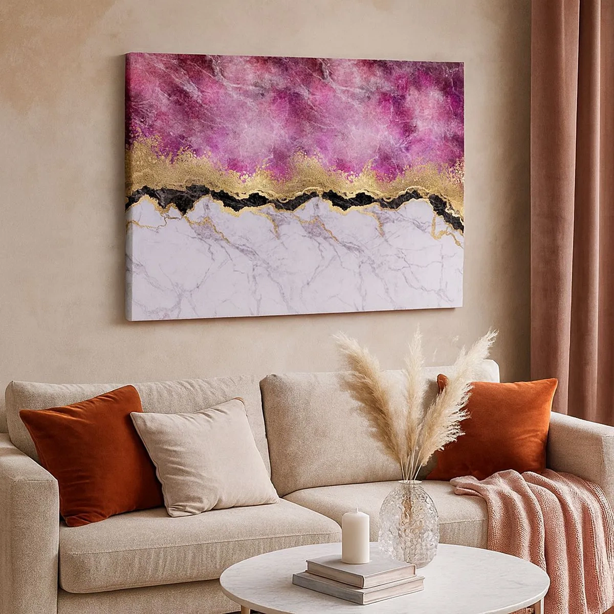 Schilderen op canvas - Abstract marmer in tinten roze met gouden accenten - 70x50cm - Op de grens - Moderne wanddecoratie voor woonkamer en slaapkamer ARTTOR