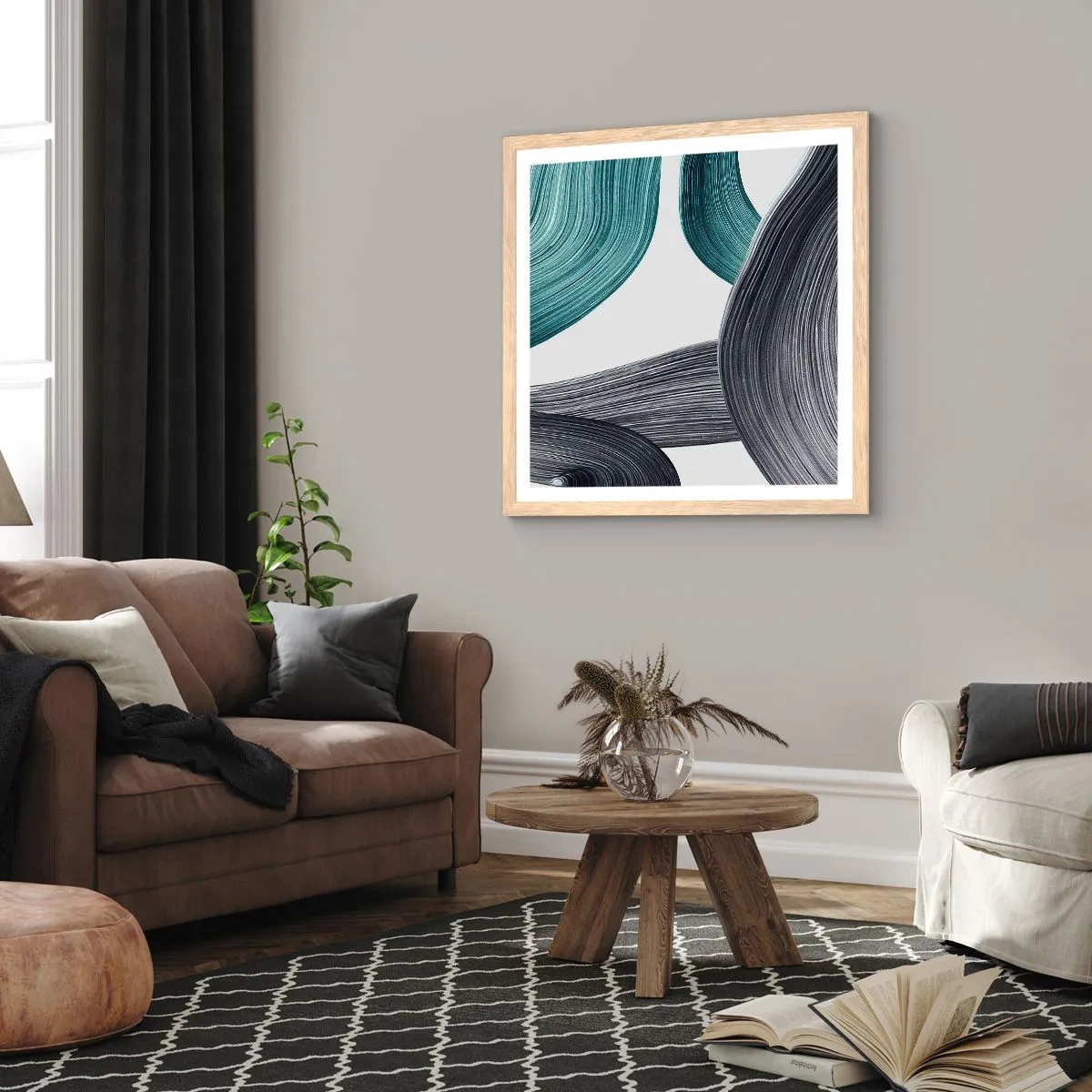 Een poster in een licht eiken lijst - Smaragdgroene en zwarte paden - 60x60 cm